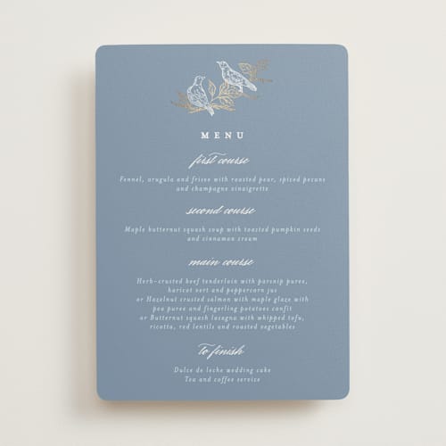This is a cornflower menu cards with foil pressed by Grae called meet me in the garden printing on signature in 5x7