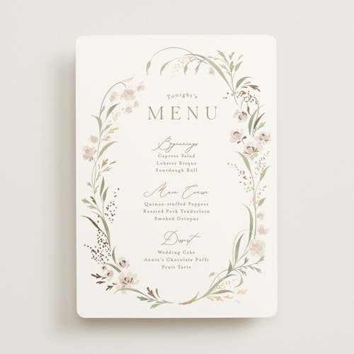 This is a spring mist menu cards with foil pressed by Erin L. Wilson called meadow printing on signature in 5x7
