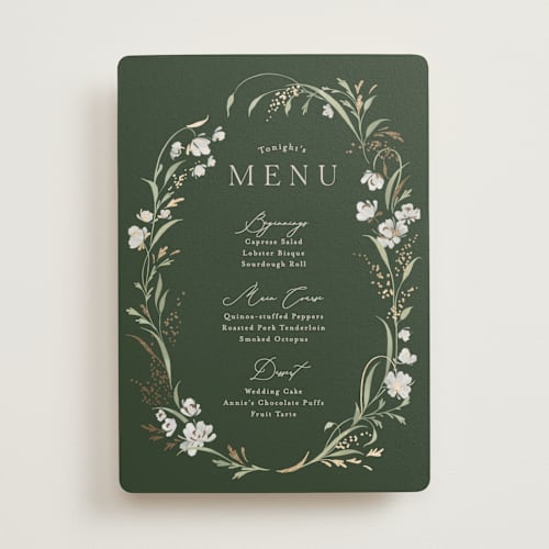 This is a forest floor menu cards with foil pressed by Erin L. Wilson called meadow printing on signature in 5x7