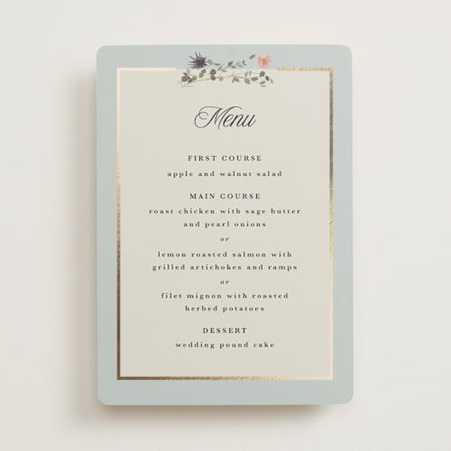 This is a mist menu cards with foil pressed by Hannah Williams called blue garden printing on signature in 5x7