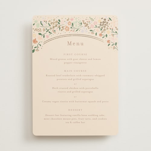This is a ivory menu cards with foil pressed by Jennifer Wick called esther's garden printing on signature in 5x7