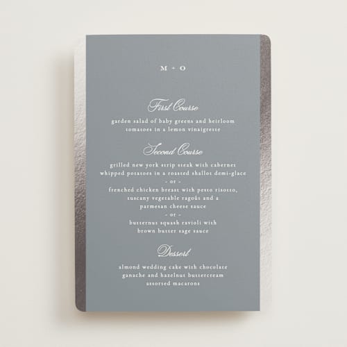 This is a fog menu cards with foil pressed by Kristie Kern called the ritz printing on signature in 5x7