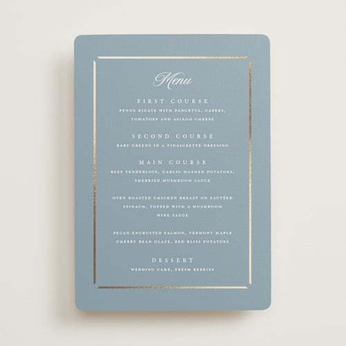This is a dusty blue menu cards with foil pressed by Stacey Meacham called elegant bevel printing on signature in 5x7