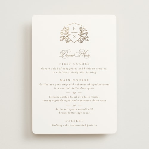 This is a ivory menu cards with foil pressed by Mansi Verma called gold crest printing on signature in 5x7