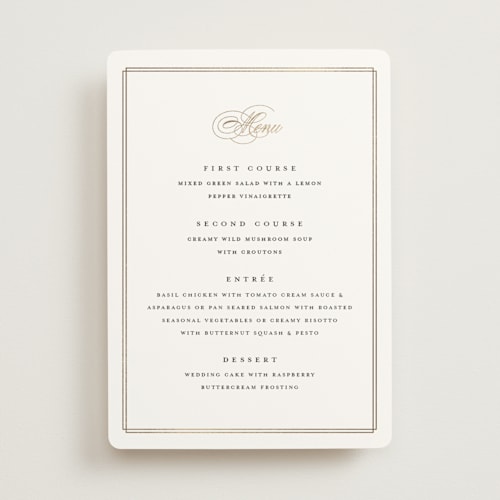 This is a linen menu cards with foil pressed by Erica Krystek called timeless printing on signature in 5x7