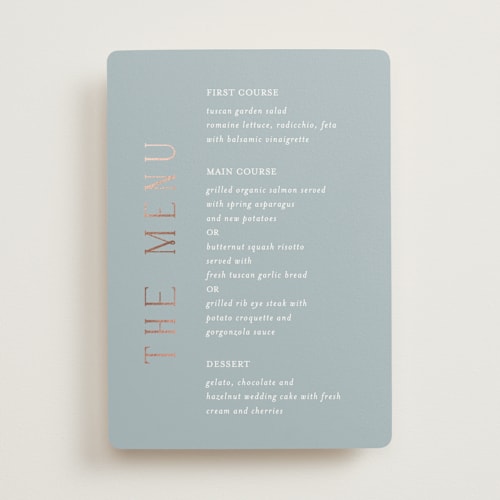 This is a provincial menu cards with foil pressed by Angela Thompson called gilded edge printing on signature in 5x7