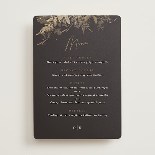 This is a mahogany menu cards with foil pressed by Leah Bisch called garden printing on signature in standard