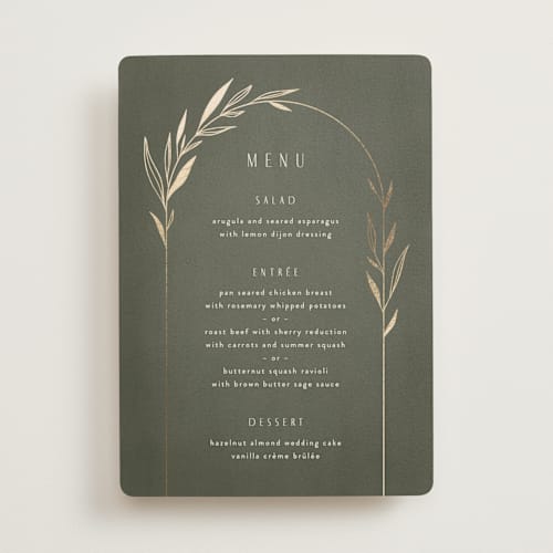 This is a moss menu cards with foil pressed by Kelly Schmidt called botanical arches printing on signature in standard