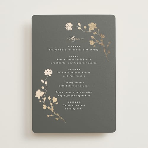 This is a obsidian menu cards with foil pressed by Benita Crandall called raffiné printing on signature in standard