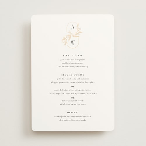 This is a chantilly menu cards with foil pressed by Jessica Williams called vining printing on signature in standard
