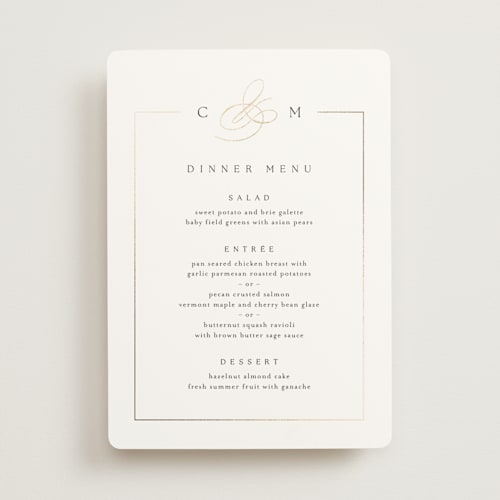This is a silk menu cards with foil pressed by Kelly Schmidt called framed monogram printing on signature in 5x7