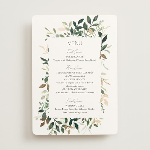 This is a greenery menu cards with foil pressed by Itsy Belle Studio called garden serenity printing on signature in standard