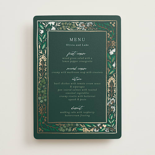 This is a evergreen menu cards with foil pressed by Alethea and Ruth called illuminated storybook printing on signature in 5x7