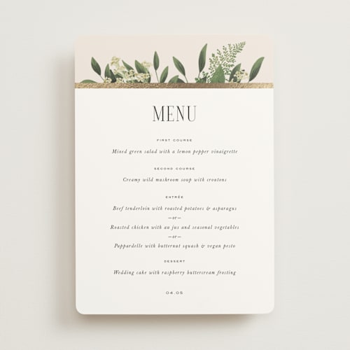 This is a champagne menu cards with foil pressed by Leah Bisch called bliss printing on signature in standard