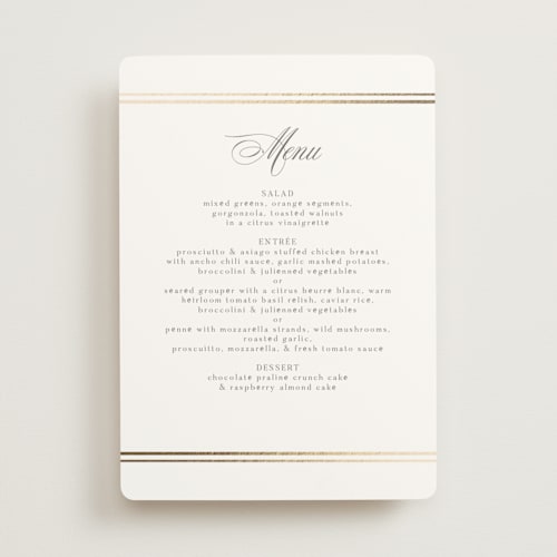 This is a pearl menu cards with foil pressed by Nicole Walsh called classic elegance printing on signature in standard