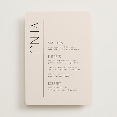 This is a linen menu cards with foil pressed by Kelly Schmidt called modern corner printing on signature in standard