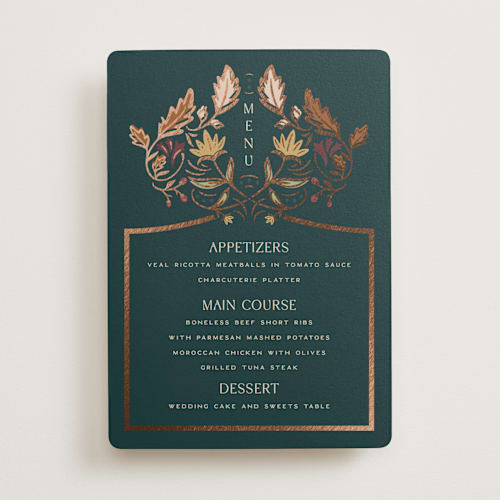This is a deep sea menu cards with foil pressed by Erin German called autumnal arch printing on signature in standard