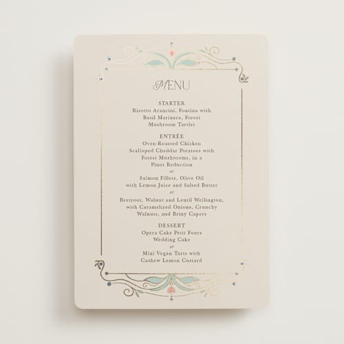 This is a ivory menu cards with foil pressed by Maria Hilas-Louie called ornate elegance printing on signature in standard