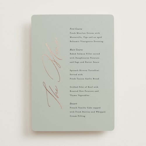 This is a sage menu cards with foil pressed by Angela Thompson called gilded script printing on signature in standard