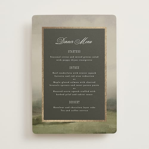 This is a graphite menu cards with foil pressed by Everett Paper Goods called hillside printing on signature in standard