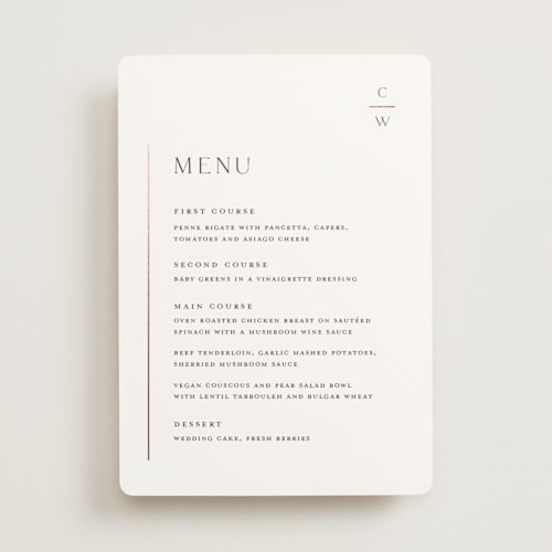 This is a cotton menu cards with foil pressed by Stacey Meacham called understated elegance printing on signature in standard