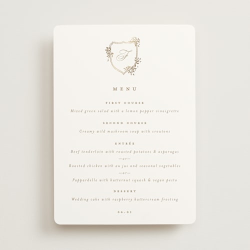 This is a pearl menu cards with foil pressed by Leah Bisch called monogram in leaves printing on signature in standard