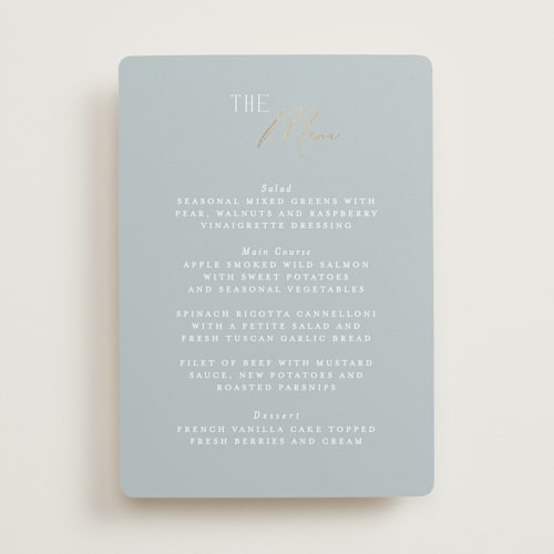 This is a dusty blue menu cards with foil pressed by Angela Thompson called delicacy printing on signature in standard