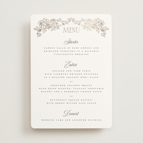 This is a pearl menu cards with foil pressed by Jenna Holcomb called rococo printing on signature in standard