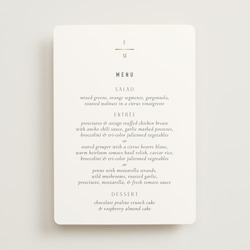 This is a granite menu cards with foil pressed by Jackie Mangiolino called minimal monogram printing on signature in standard