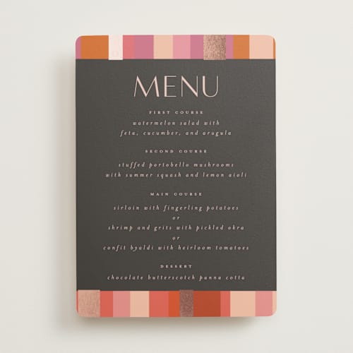 This is a fruit punch menu cards with foil pressed by Morgan Kendall called patchwork border printing on signature in standard