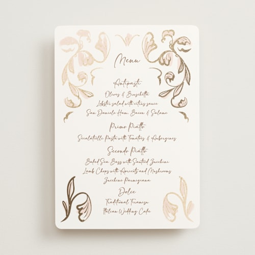 This is a blush menu cards with foil pressed by Ani Somi called bella bellissima printing on signature in standard