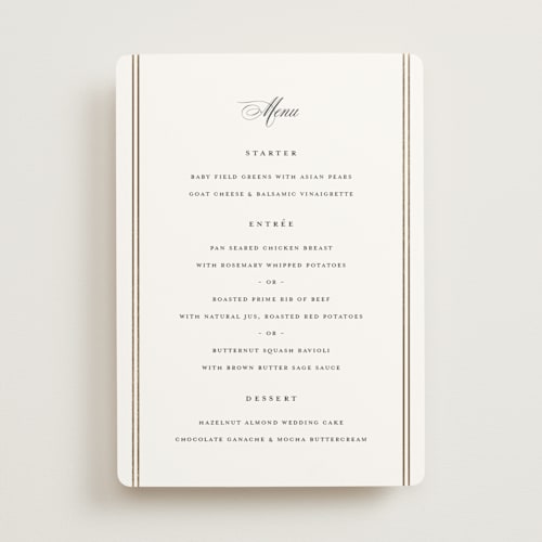 This is a silk menu cards with foil pressed by Carolyn MacLaren called scripted striped printing on signature in standard