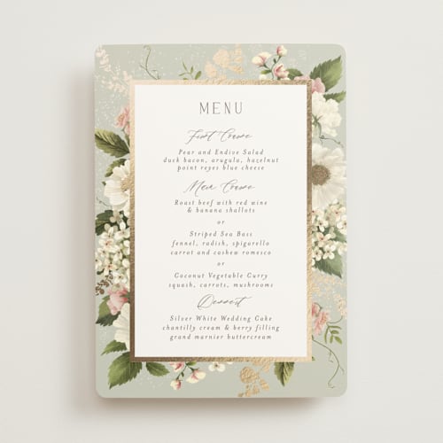 This is a moss menu cards with foil pressed by Chris Griffith called floral tribute printing on signature in standard