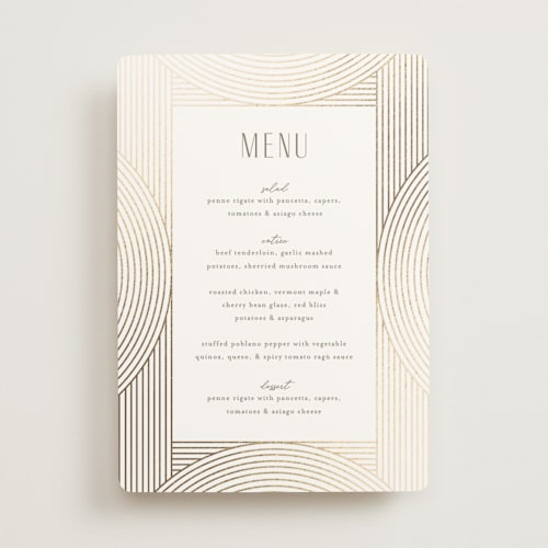 This is a alabaster menu cards with foil pressed by Pixel and Hank called moderne printing on signature in standard