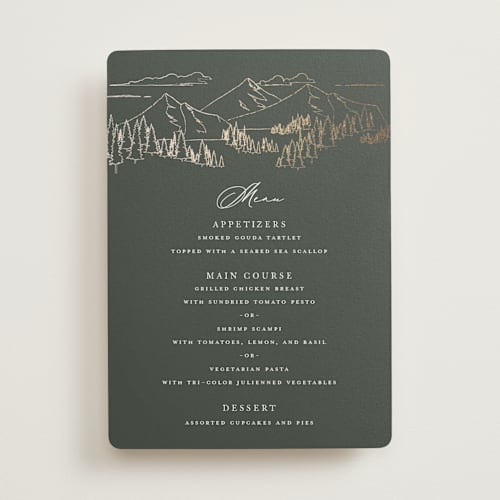 This is a hunter menu cards with foil pressed by Sarah Brown called peaks printing on signature in standard