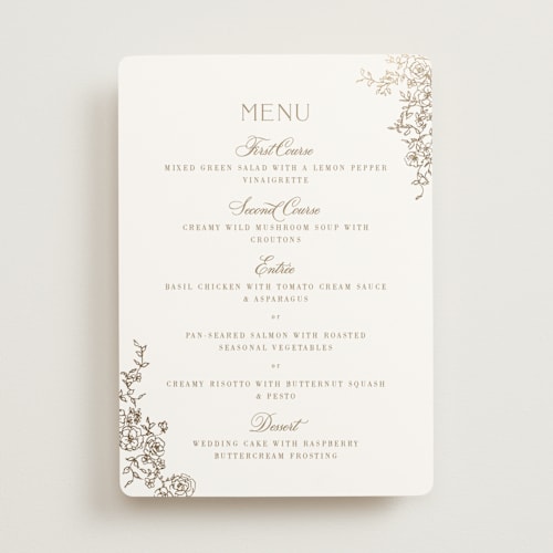 This is a champagne menu cards with foil pressed by Cass Loh called floral crest printing on signature in 5x7
