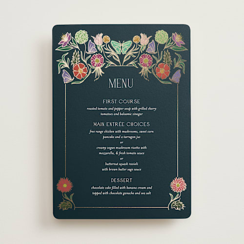 This is a midnight garden menu cards with foil pressed by Simona Camp called gilded tapestry printing on signature in standard