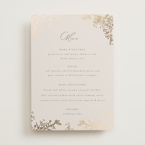 This is a luxe neutral menu cards with foil pressed by Design Lotus called forever and a day printing on signature in standard