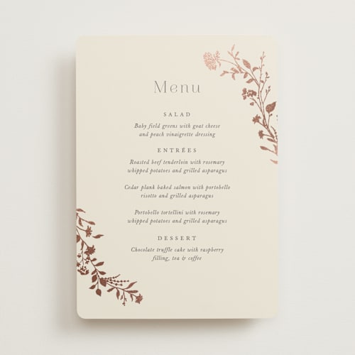 This is a creme brulee menu cards with foil pressed by Jennifer Wick called queen anne's lace printing on signature in standard