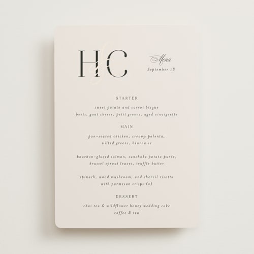 This is a ivory menu cards with foil pressed by Melanie Kosuge called honor printing on signature in standard
