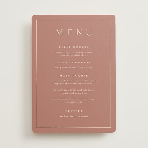 This is a dusty rose menu cards with foil pressed by Stacey Meacham called warm affection printing on signature in standard