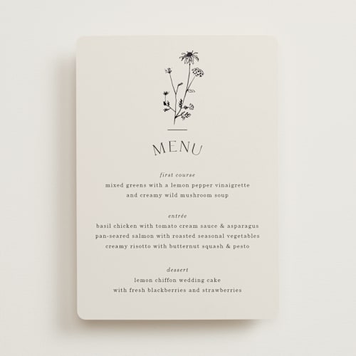 This is a linen menu cards with foil pressed by Baumbirdy called floral type arch printing on signature in standard