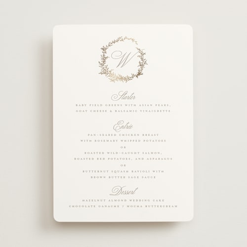 This is a chantilly menu cards with foil pressed by Wildfield Paper Co called romantic wreath printing on signature in standard