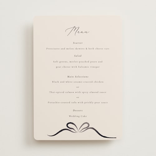 This is a tuxedo menu cards with foil pressed by Corinne Malesic called bow printing on signature in standard