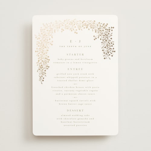 This is a leaf menu cards with foil pressed by Kristie Kern called villa printing on signature in standard