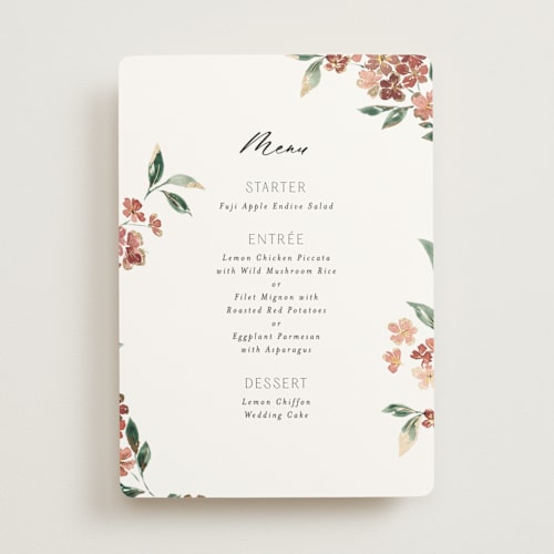This is a dusty rose menu cards with foil pressed by Itsy Belle Studio called sweeping vine printing on signature in standard