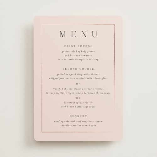 This is a blush menu cards with foil pressed by Jessica Williams called bianca printing on signature in standard