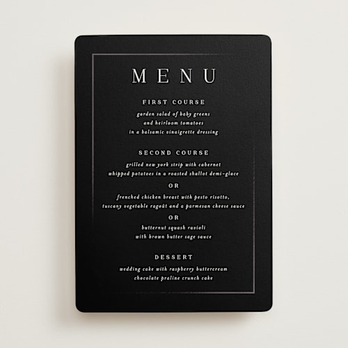 This is a ebony menu cards with foil pressed by Jessica Williams called bianca printing on signature in standard
