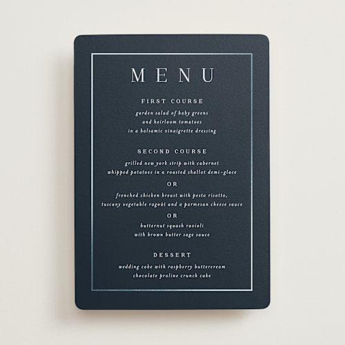 This is a navy menu cards with foil pressed by Jessica Williams called bianca printing on signature in standard