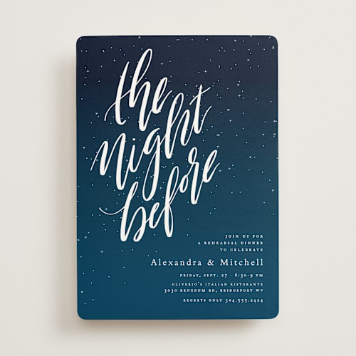 This is a nightfall rehearsal dinner invitations with standard by Lea Delaveris called the night before printing on signature in standard